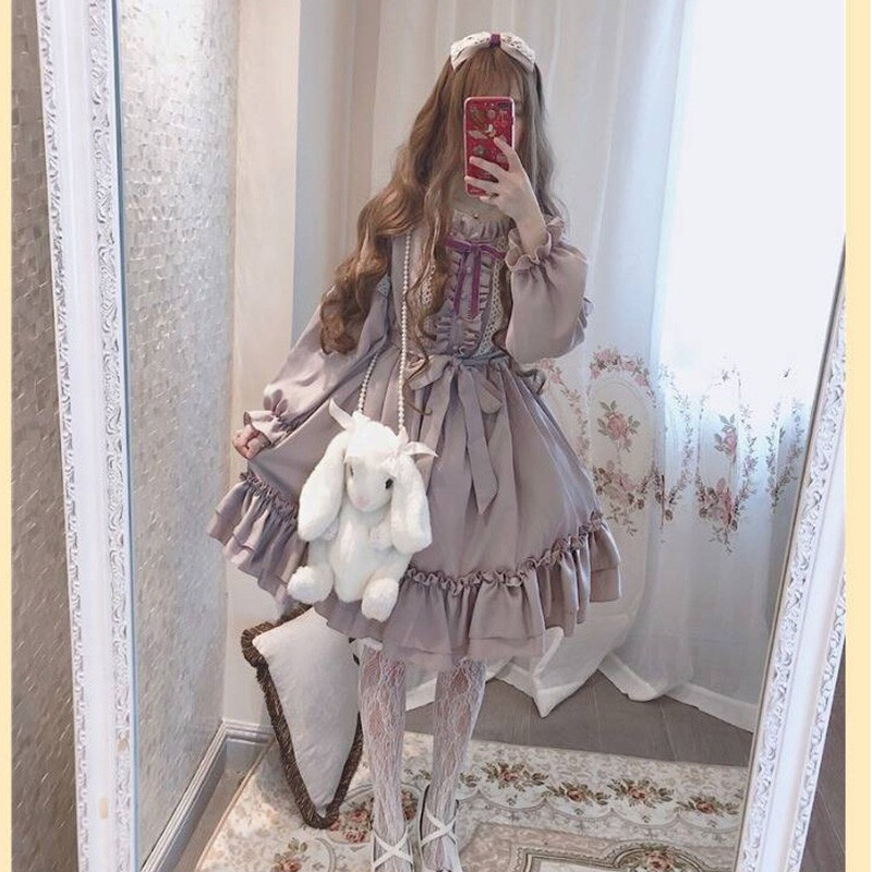 Women Kawaii Lolita Lavender Dress Love Girly Japanese Style Vintage Puff Sleeve