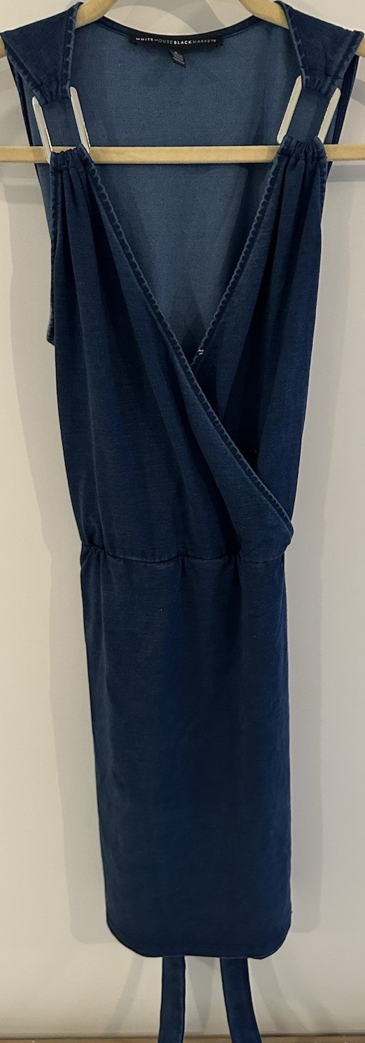 White House Black Market Wrap Dress Blue Sleeveless Knee Length Size 6