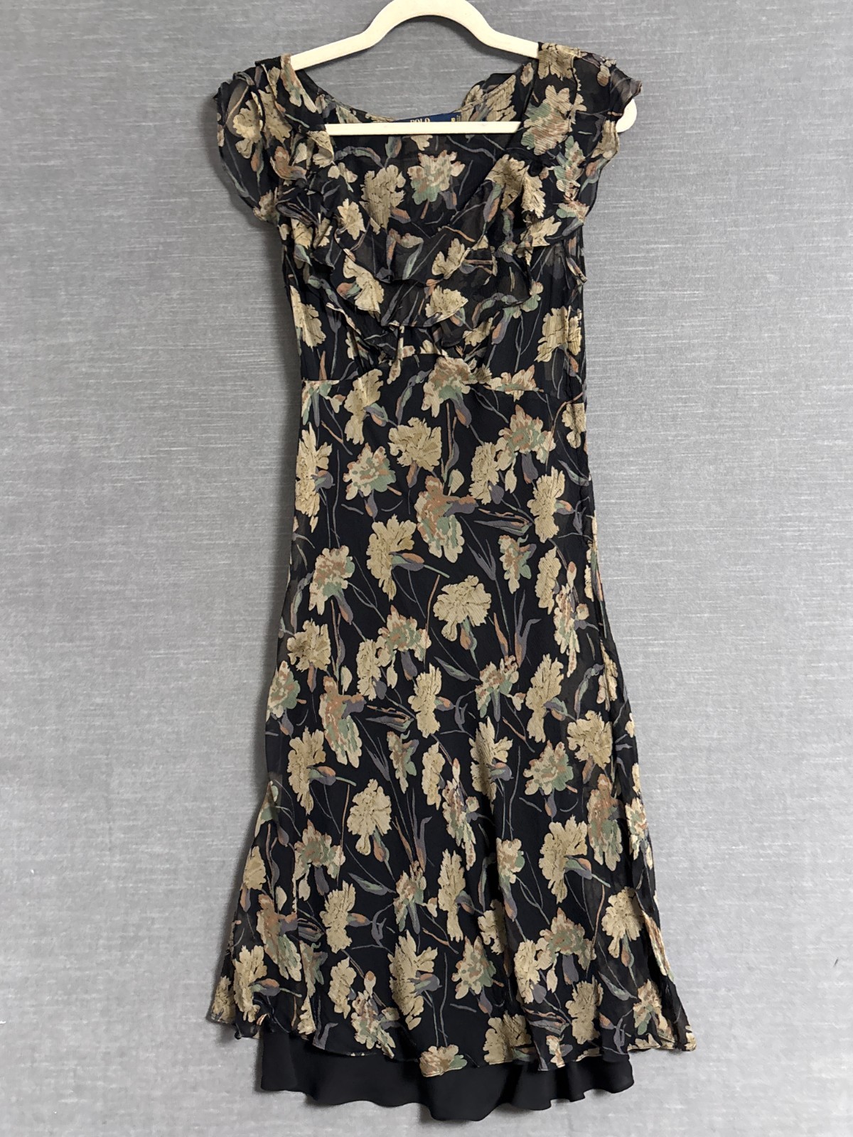 Polo Ralph Lauren Dress 10Black Beige Floral Babydoll Midi Flowy Boho Ruffle