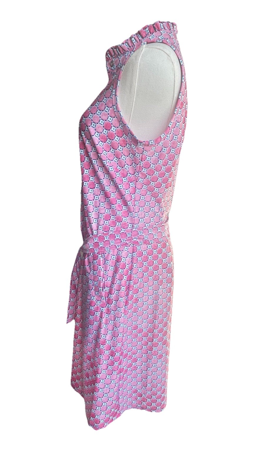Pappagallo Tess Ruffle Neck Midi Dress. Button Up geometric pink, Belted Sz 4