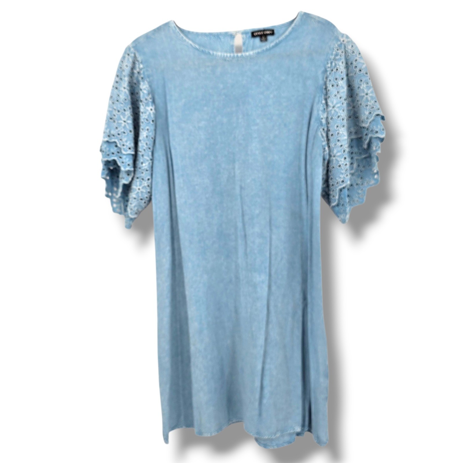 STYLE ENVY Denim Wash Dress Embroidered Eyelet Flutter Sleeve Light Blue Size L