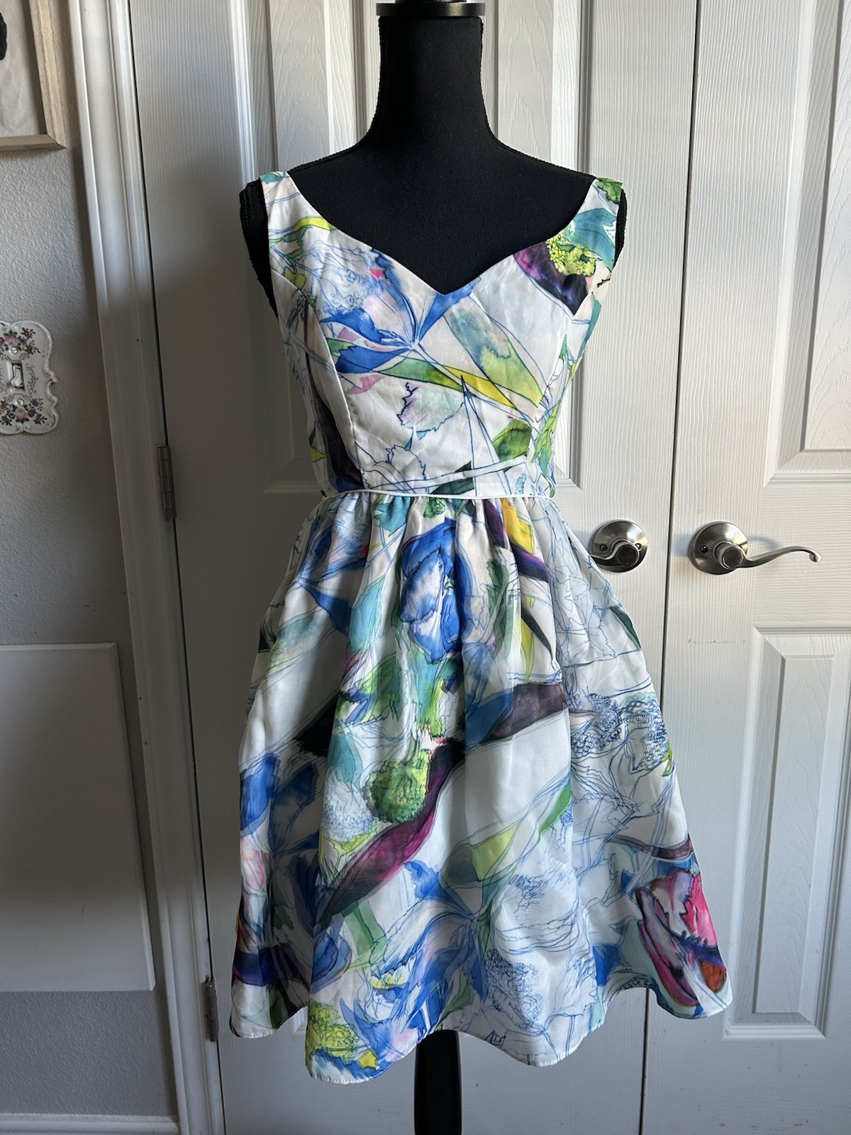 Everly Multicolor Fit & Flare Tea Length Floral Watercolor Abstract Dress