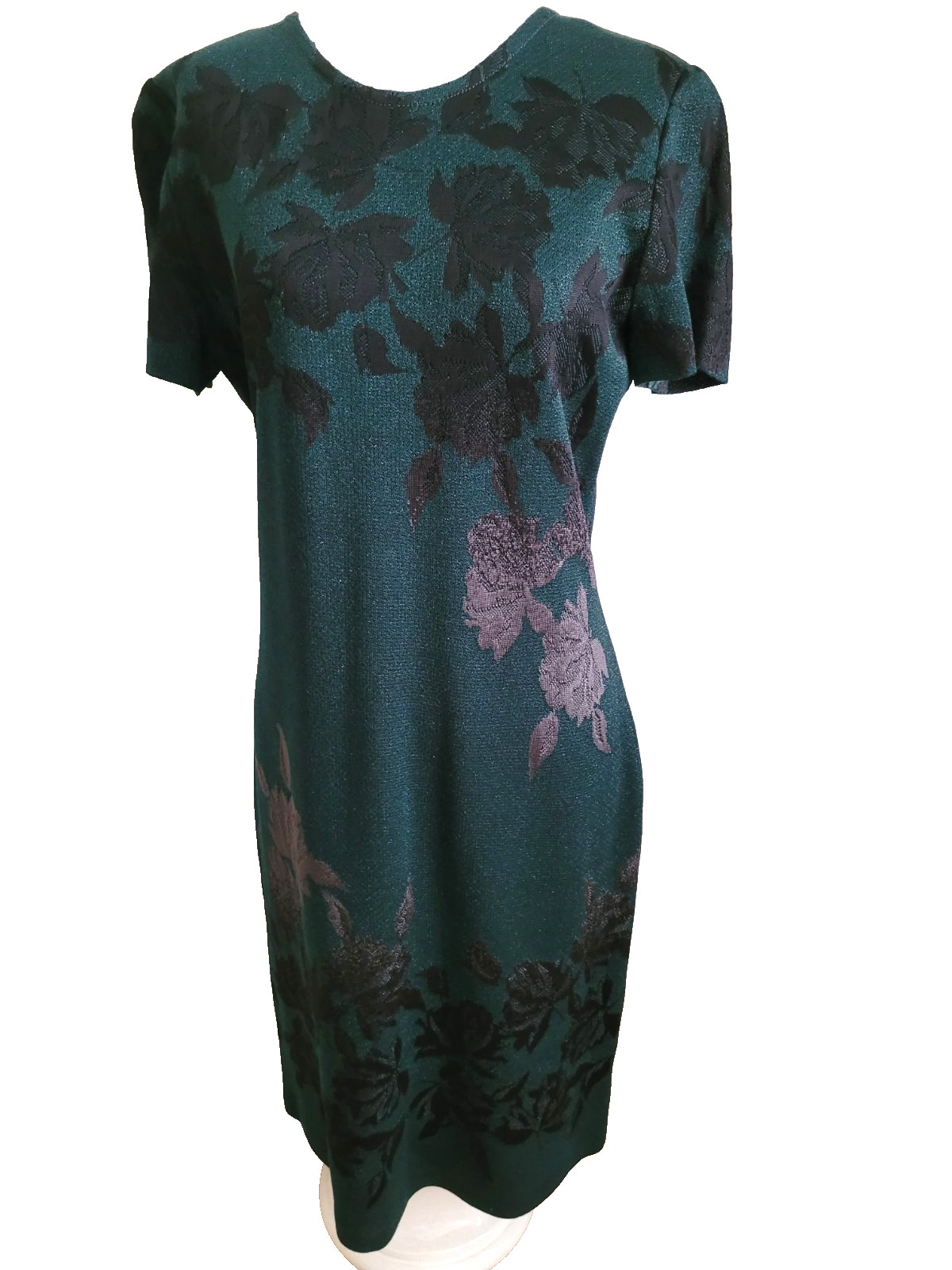 ST. JOHN Metallic Floral Knit Dress Emerald Multi Short Sleeve Black Label Sz 8