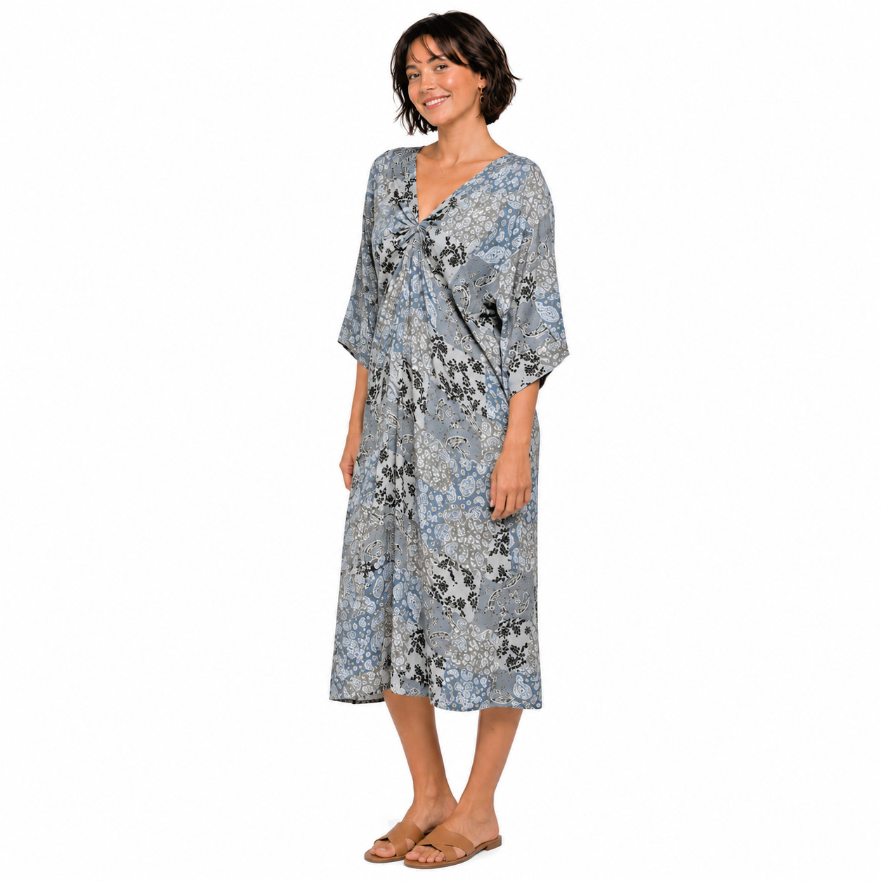 New GIGIO Size L 12 14 Patchwork Print Twist V Neck Midi Dress Back Tassel Tie