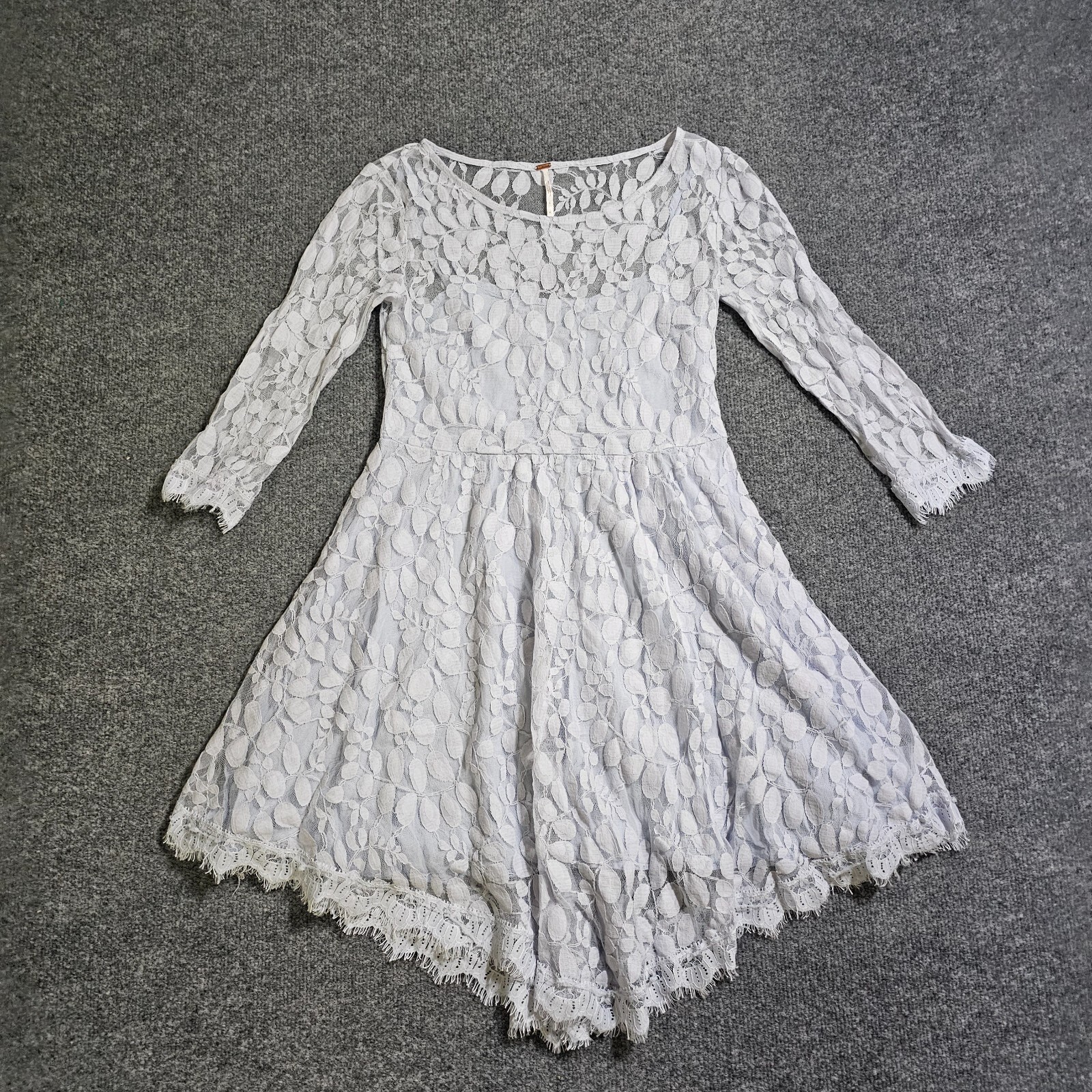 Free People Dress Womens 4 Blue Lace A Line 3/4 Sleeve Sheer Classic Boho Casual