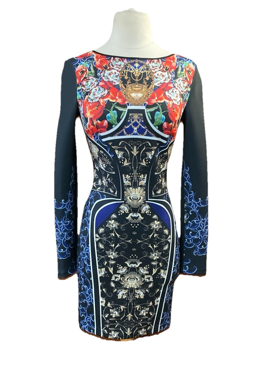 Clover Canyon Royal Egg Vase Neoprene Dress Sz S New Black Floral Retail $275