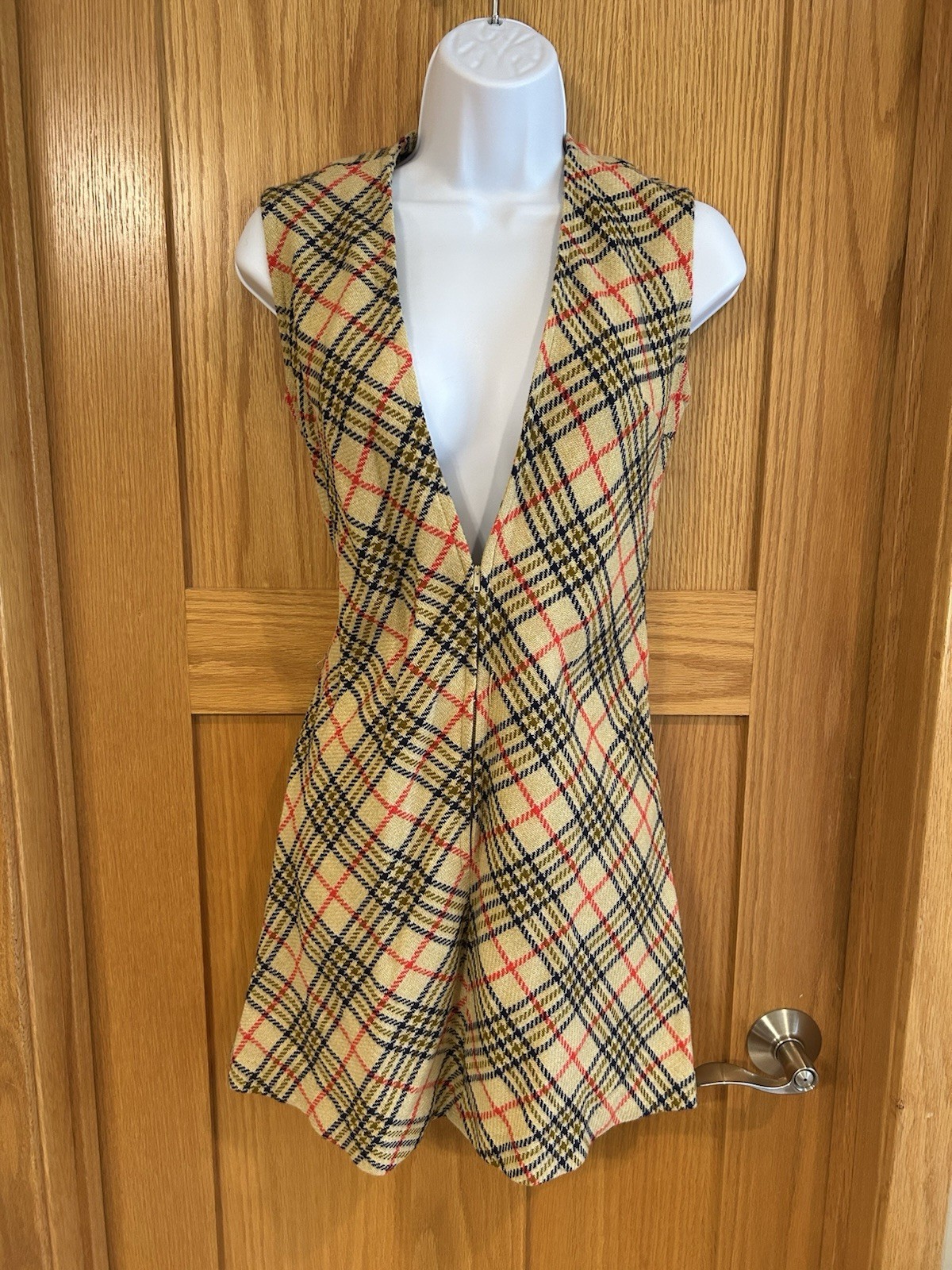 Vintage Plaid Sleeveless Deep V Neck Front Zipper Fit & Flare Mod Mini Dress