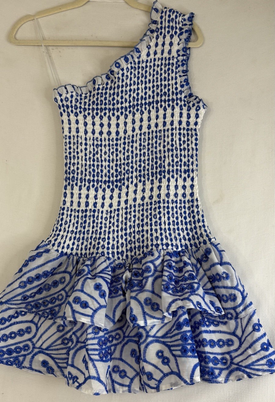 NWT Hello Molly Womens Dress One Shoulder Blue Eyelet All The Elements Sz S US 4