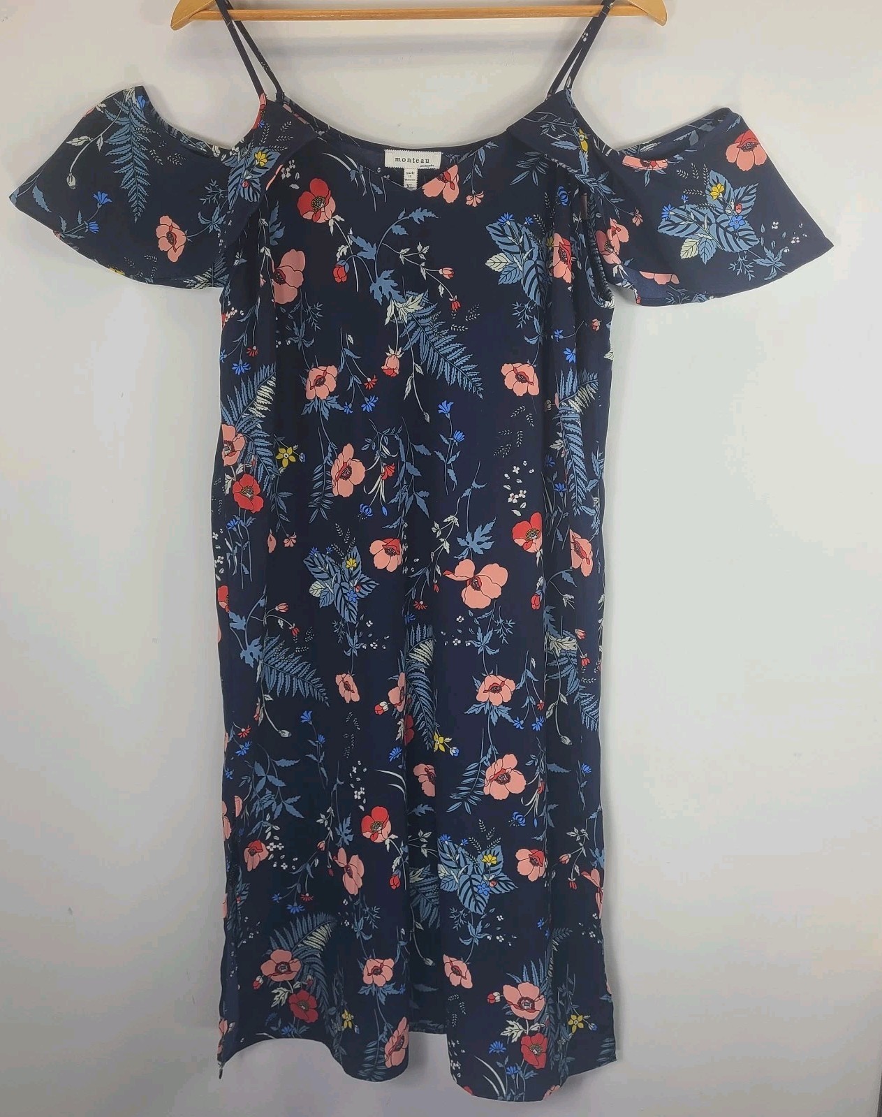 Monteau Floral Cold Shoulder Midi Dress XL Navy Pink Side Slit Lightweight