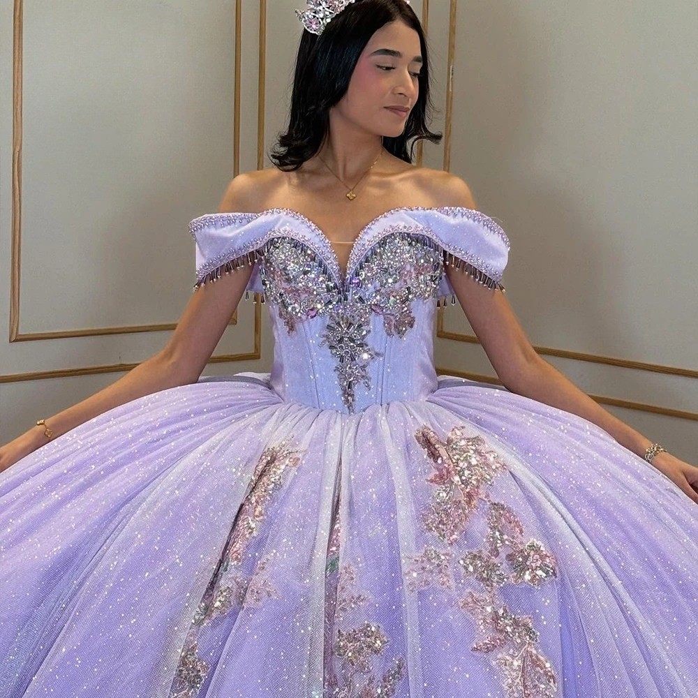 Off Shoulder Lavender Glitter Tulle Floral Beaded Quinceanera Sweet15 Gown