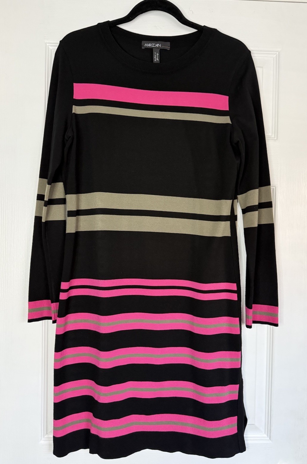 MARC CAIN Sport Striped RETHINK TOGETHER Stretch Knit Side Slit Dress N4 8 M / L