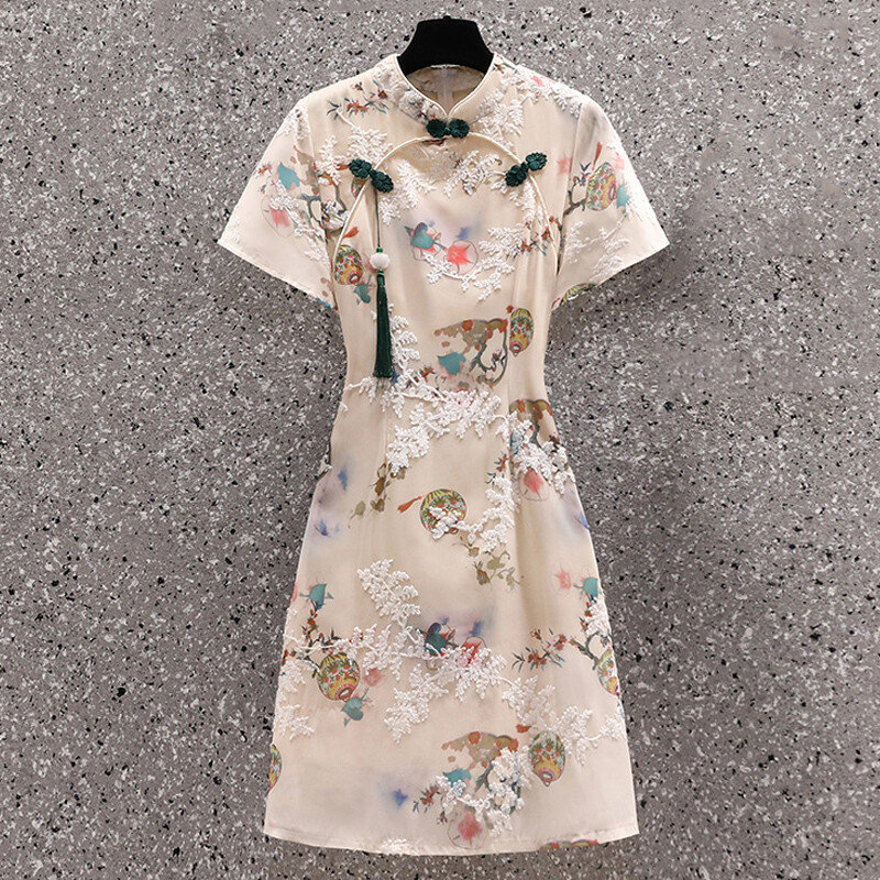 Women Floral Cheongsam Jacquard Chinese Dress Short Sleeve Qipao Slim Fit Party