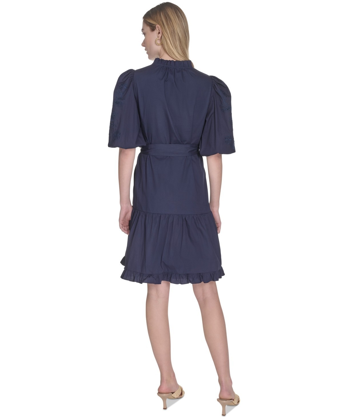 Vince Camuto Split-Neckline Elbow-Sleeve Tie Waist Dress Women’s 8 Navy Pullover