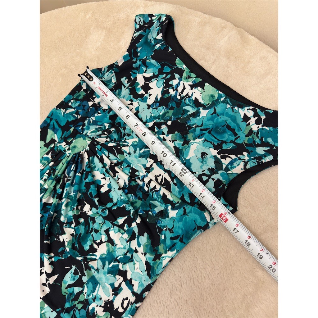 Connected Apparel Dress Womens Size 10 Teal Black White Floral Ruched