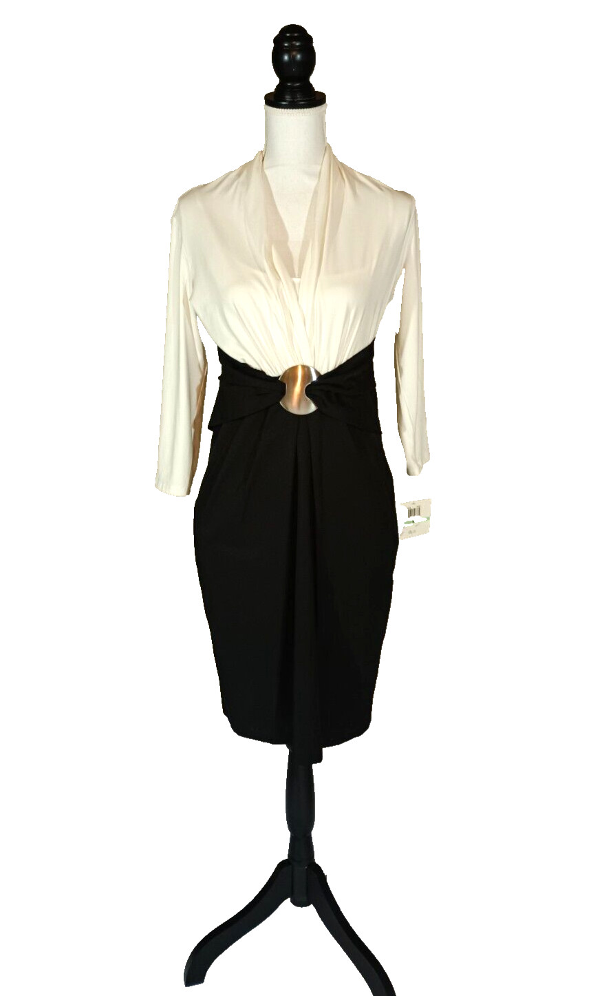 Donna Morgan Dress Womens 8 Black Two Tone Pleated Front Buckle Accent