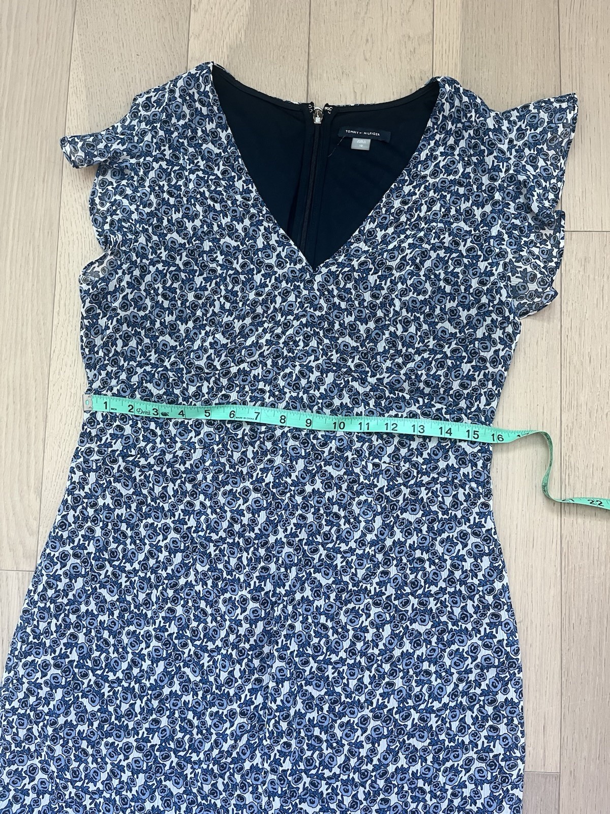 Tommy Hilfiger Blue/White Floral V-Neck Flutter Sleeve Midi A-Line Dress 10