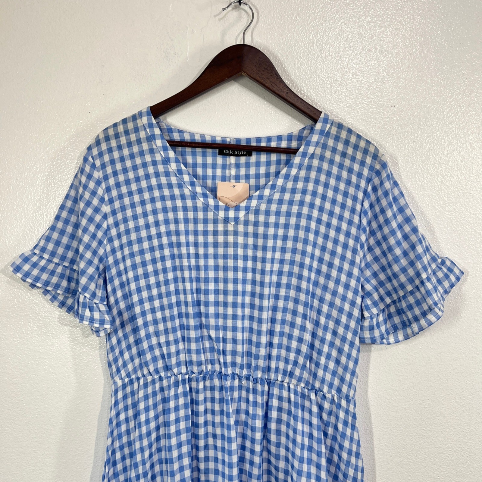Chic Style Blue Gingham Tiered V-Neck Dorothy Midi Dress Size Large Cottagecore