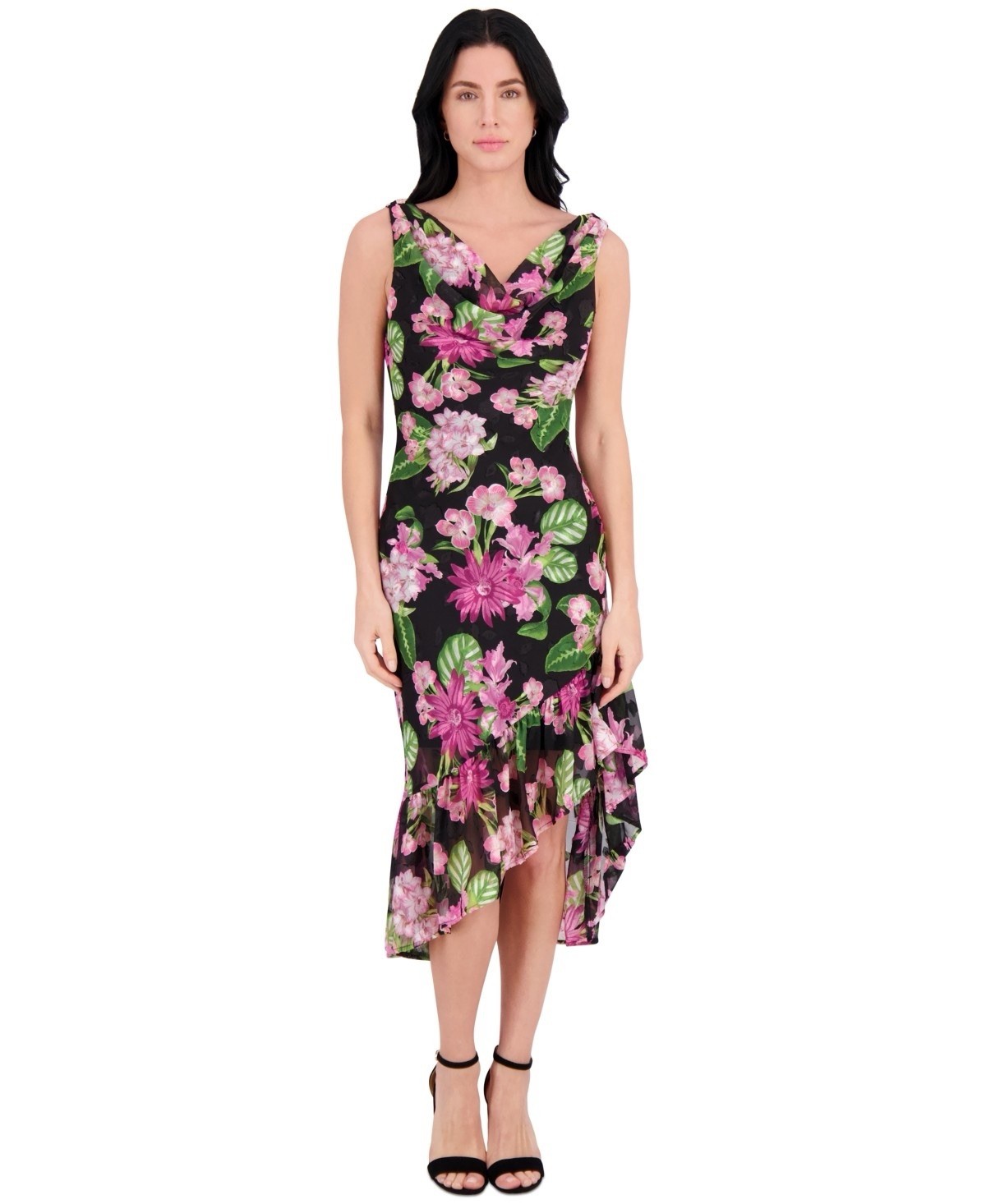Kensie Womens Floral-Print Chiffon Flounce Midi Dress, Black/Multi, Size-8