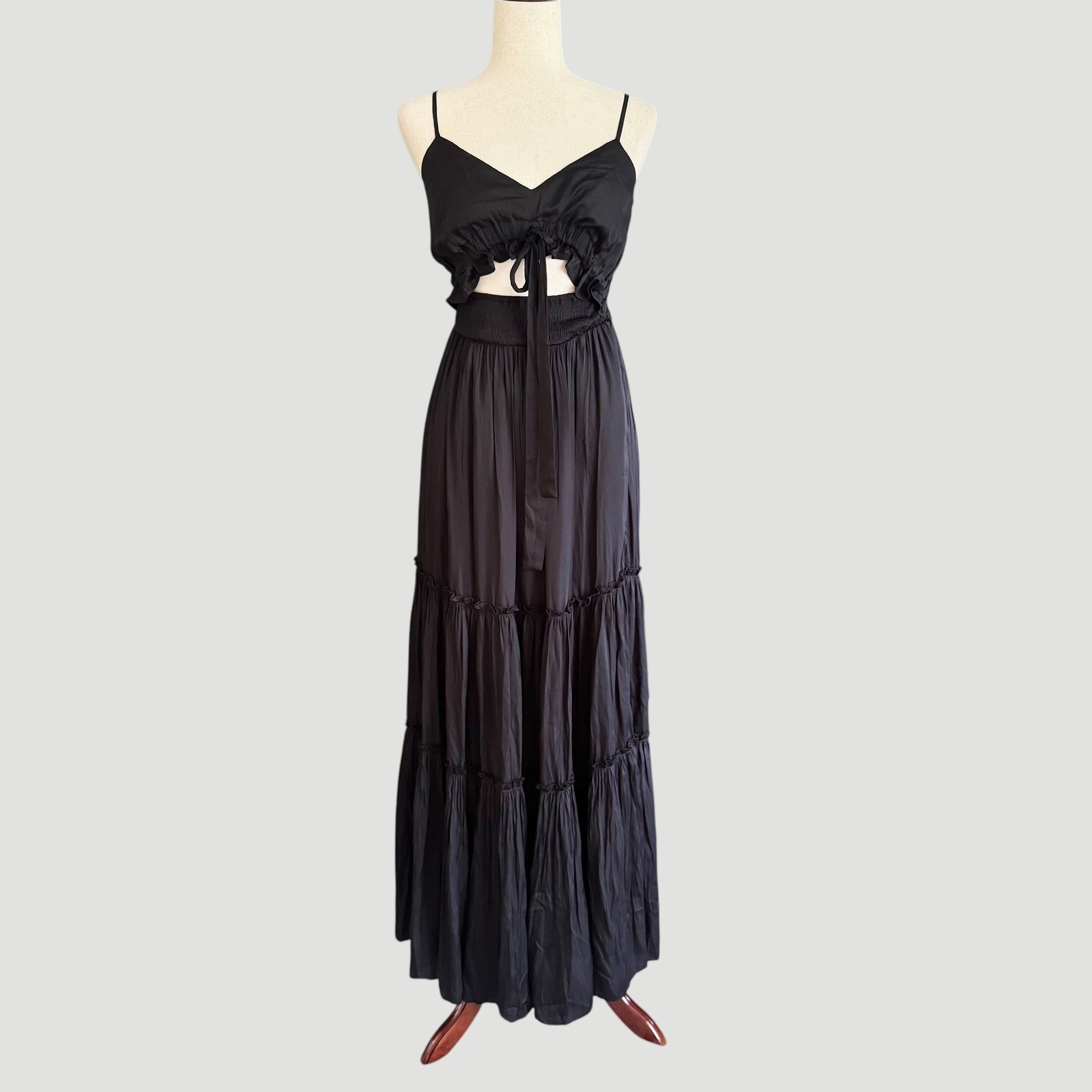 Boho Chic Goth summer Flowy Black Tiered Maxi Dress Cutout Tie Front Small NWT