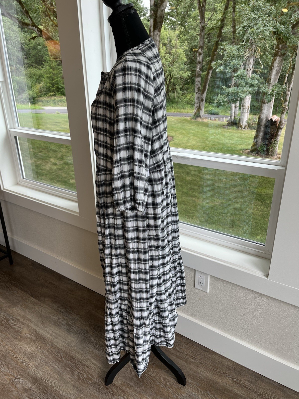 PRIMARK Check Textured Cotton Tiered ￼Dress Navy/Charcoal Gray/Black Sz 12 / L
