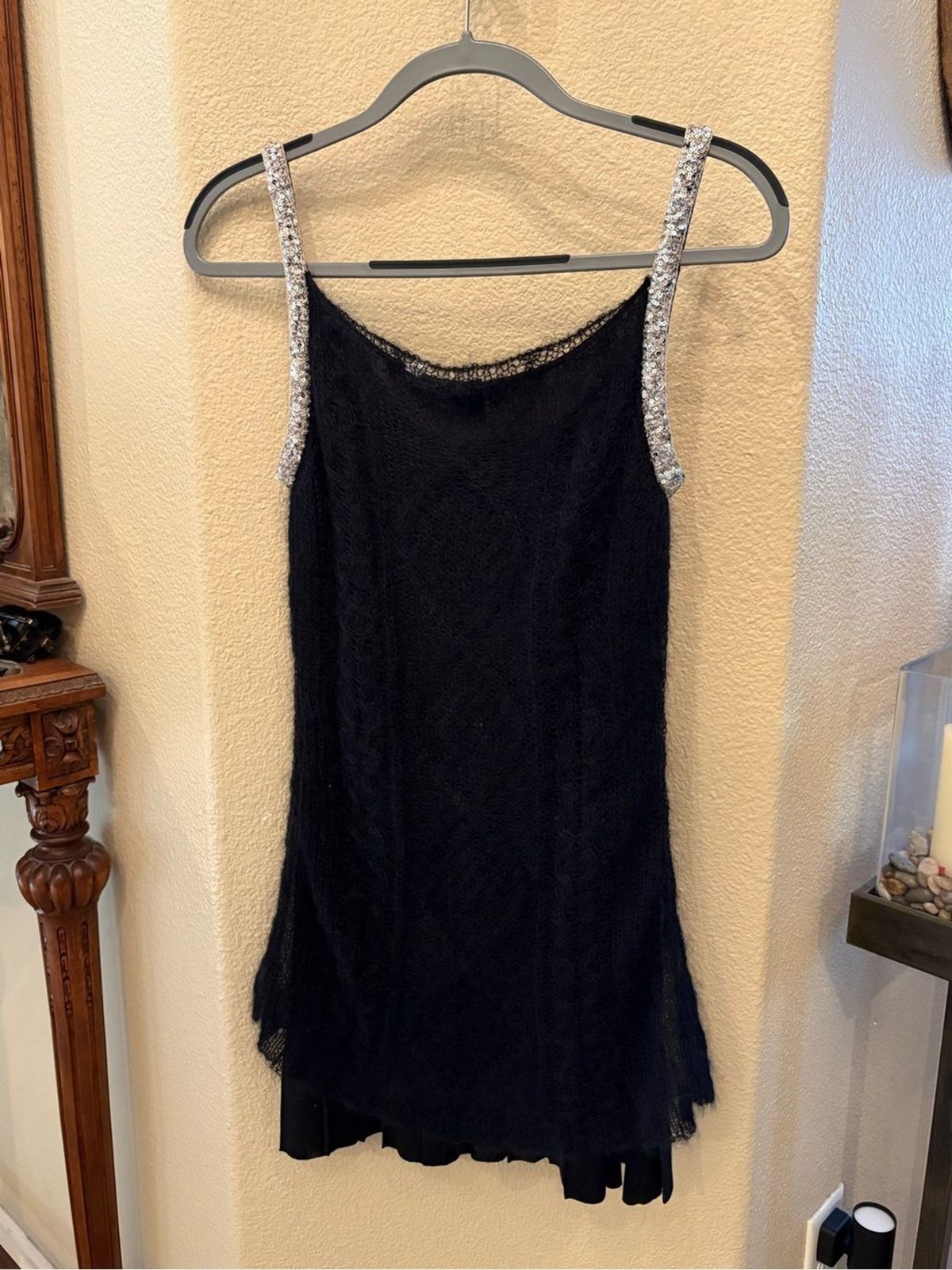 Vintage IISLI Black Mohair Wool Blend Sequin Straps Mini Y2K Dress Size Small