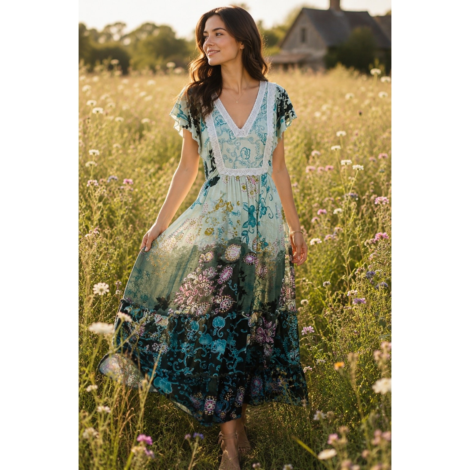 Boho Cottagecore Maxi Dress Med Floral Patchwork Empire Waist Prairie Festival