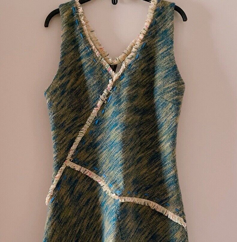 CACHAREL Unbalanced Wool Tweed Dress with Frayed Trim, Green-Blue, Size 40/Small