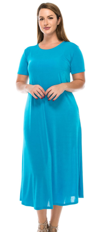 Turquoise Short Sleeve Long Dress No Iron Stretchy Travel Fabric Jostar