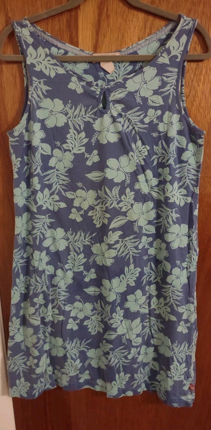CARIBBEAN JOE Blue Tone On Tone Tropical Flower Print Sleeveless Neck Dress Sz M