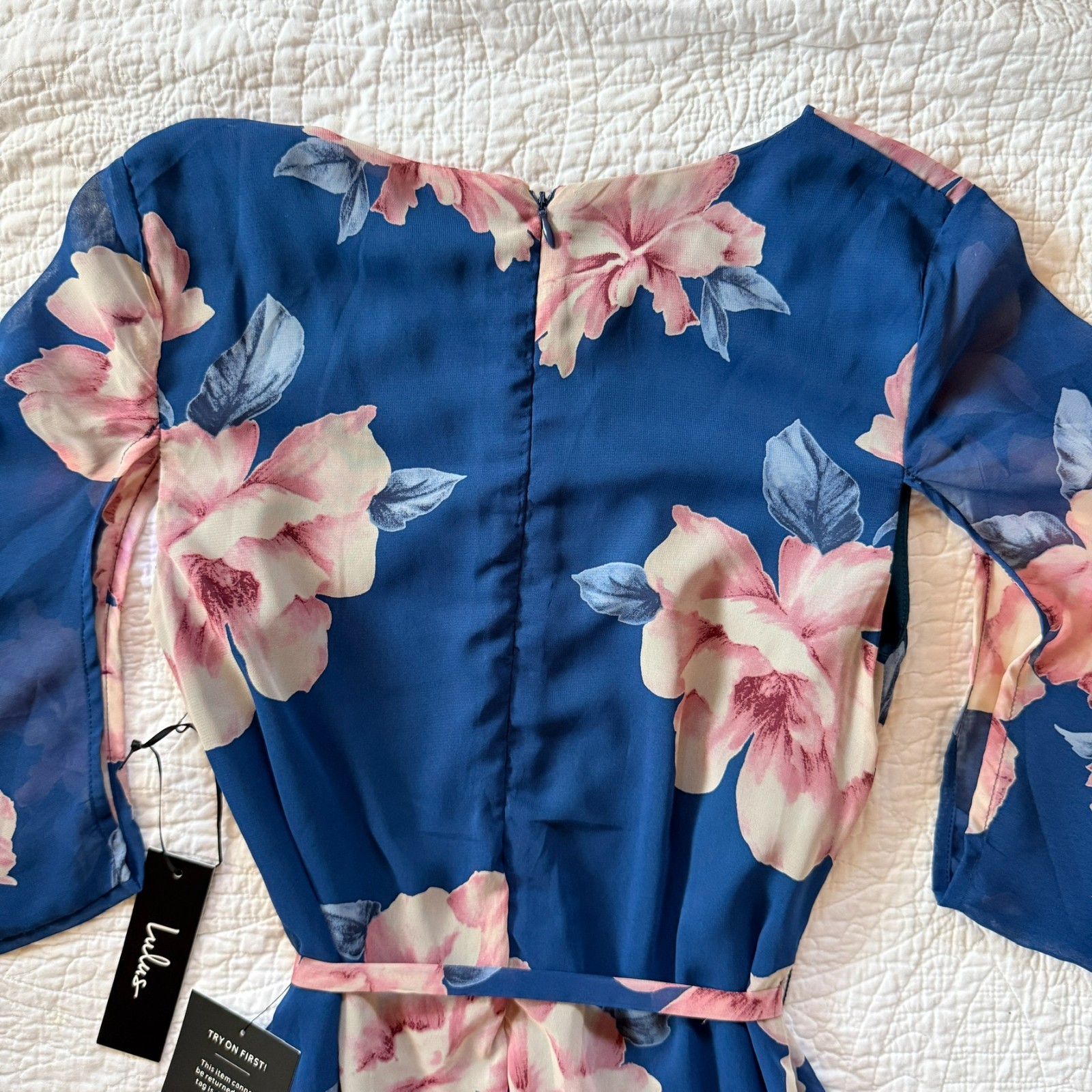 NWT Lulus Joyful Noise Denim Blue Floral Print Mini Dress Blue Chiffon Size S