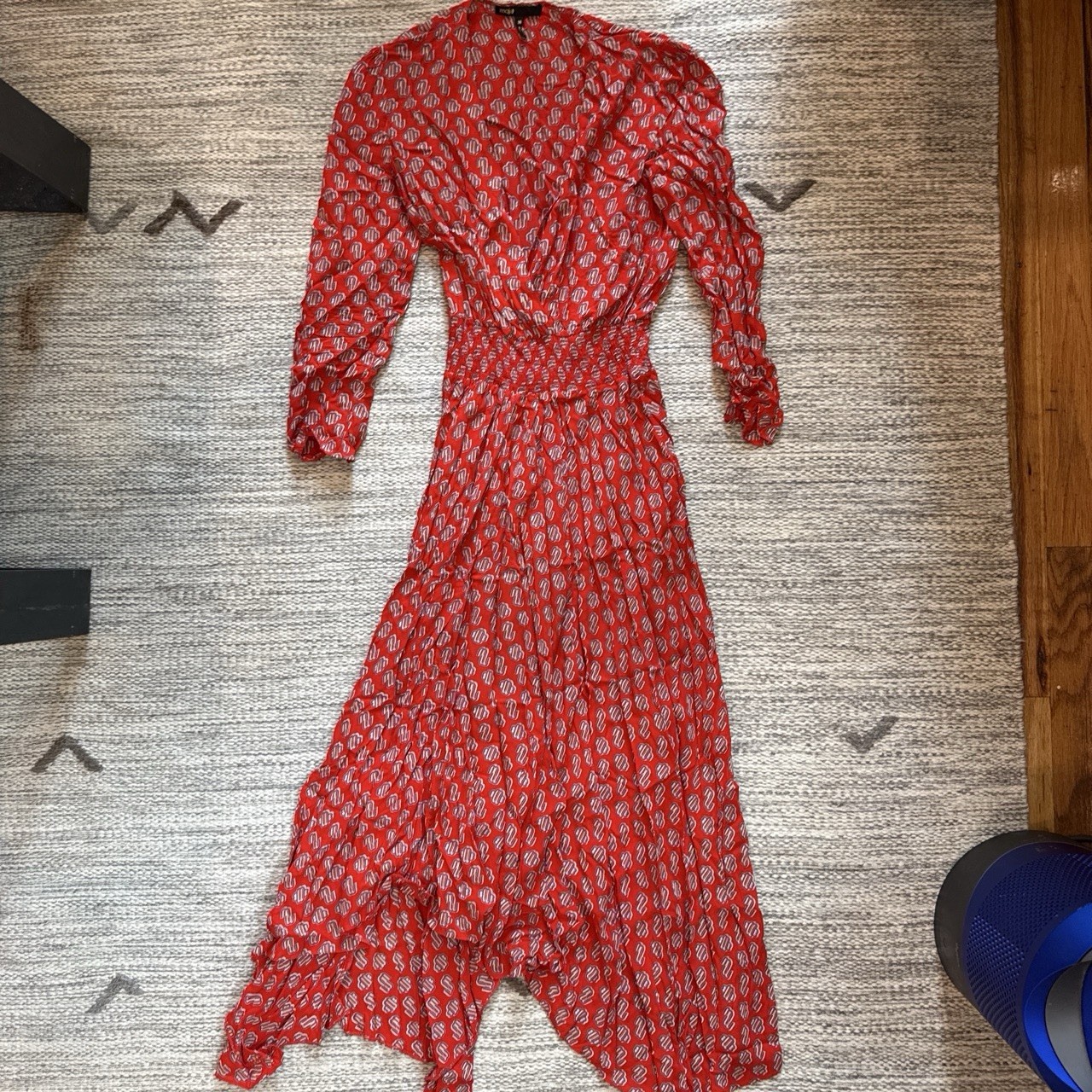 Maje Long Sleeve Monogram Print Crepe Midi Dress Red Size Medium Timeless Chic