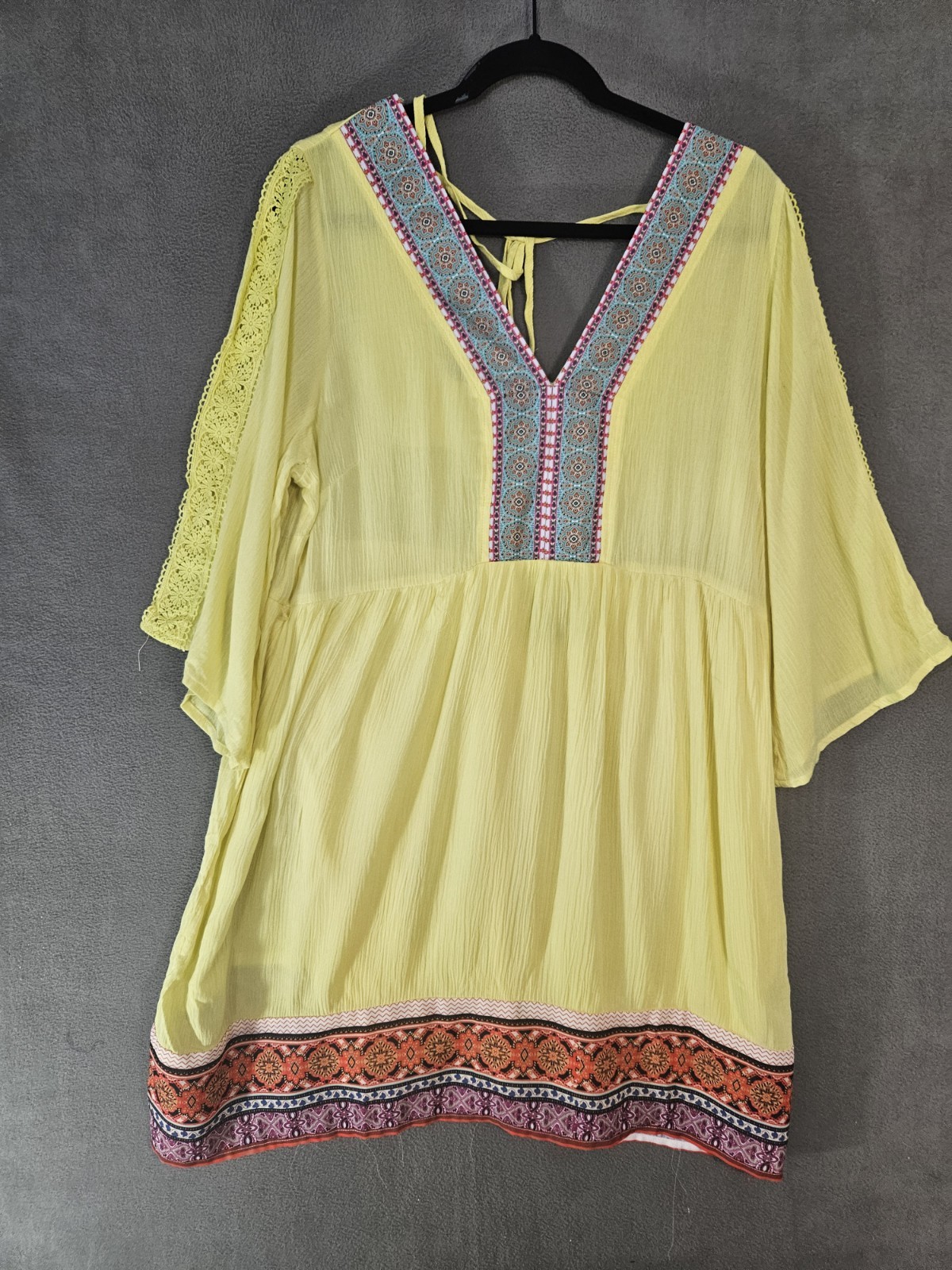 NWT White Mark Boho Midi Sun Dress Yellow Vneck Crinkle XL Floral Embroidery