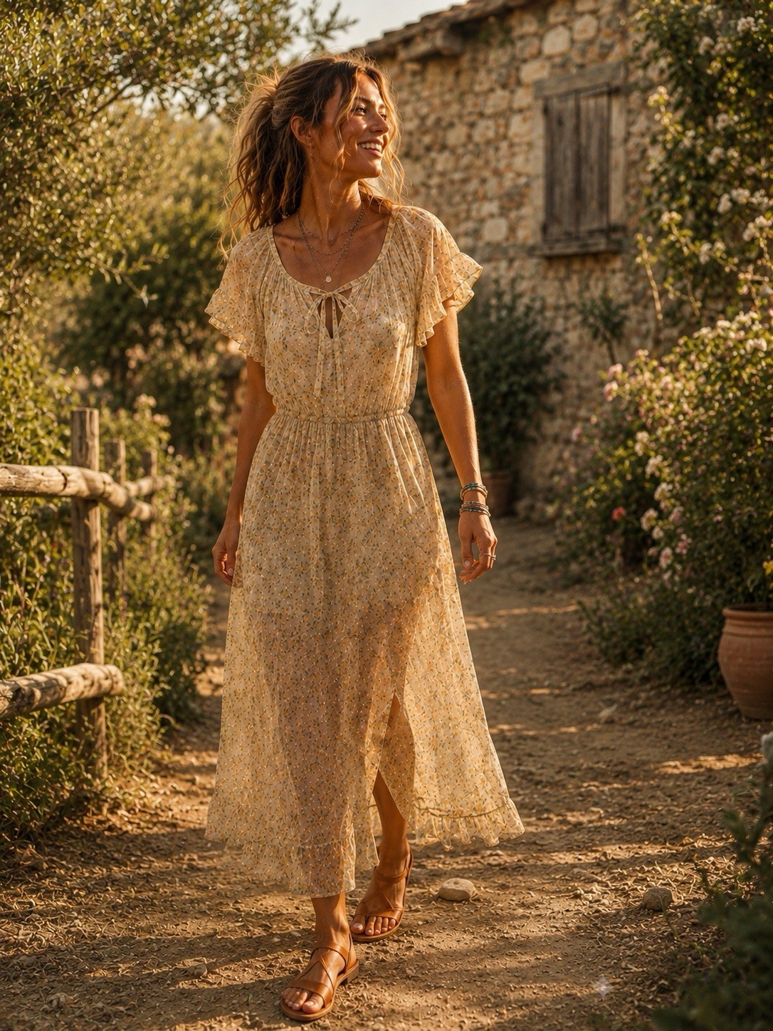 1970s vintage prairie-style peasant midi dress boho semi-sheer and lightweight