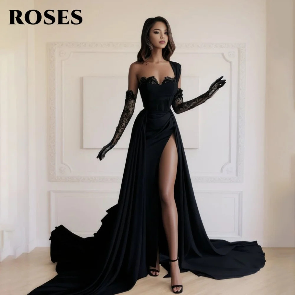 Red Side High Split Mermaid Evening Dresses One Shoulder Prom Dresses Stain