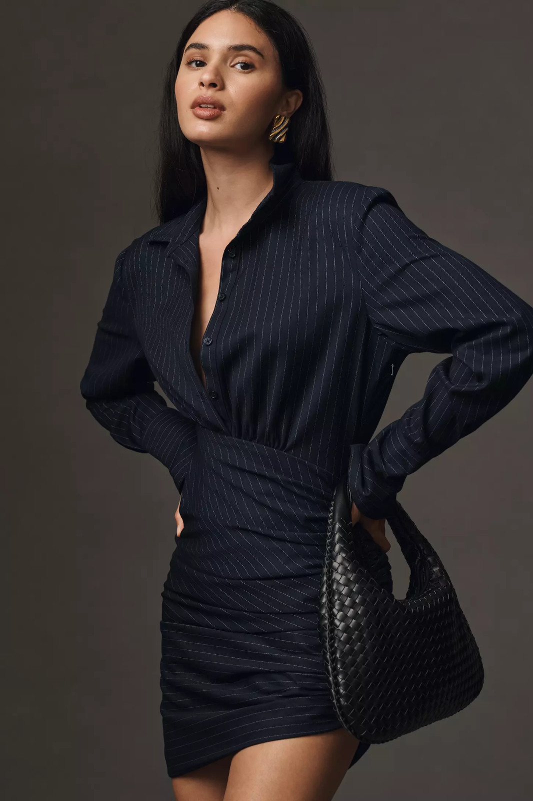 Anthropologie Bardot Viera Long-Sleeve Pinstripe Ruched Mini Shirt Dress Navy