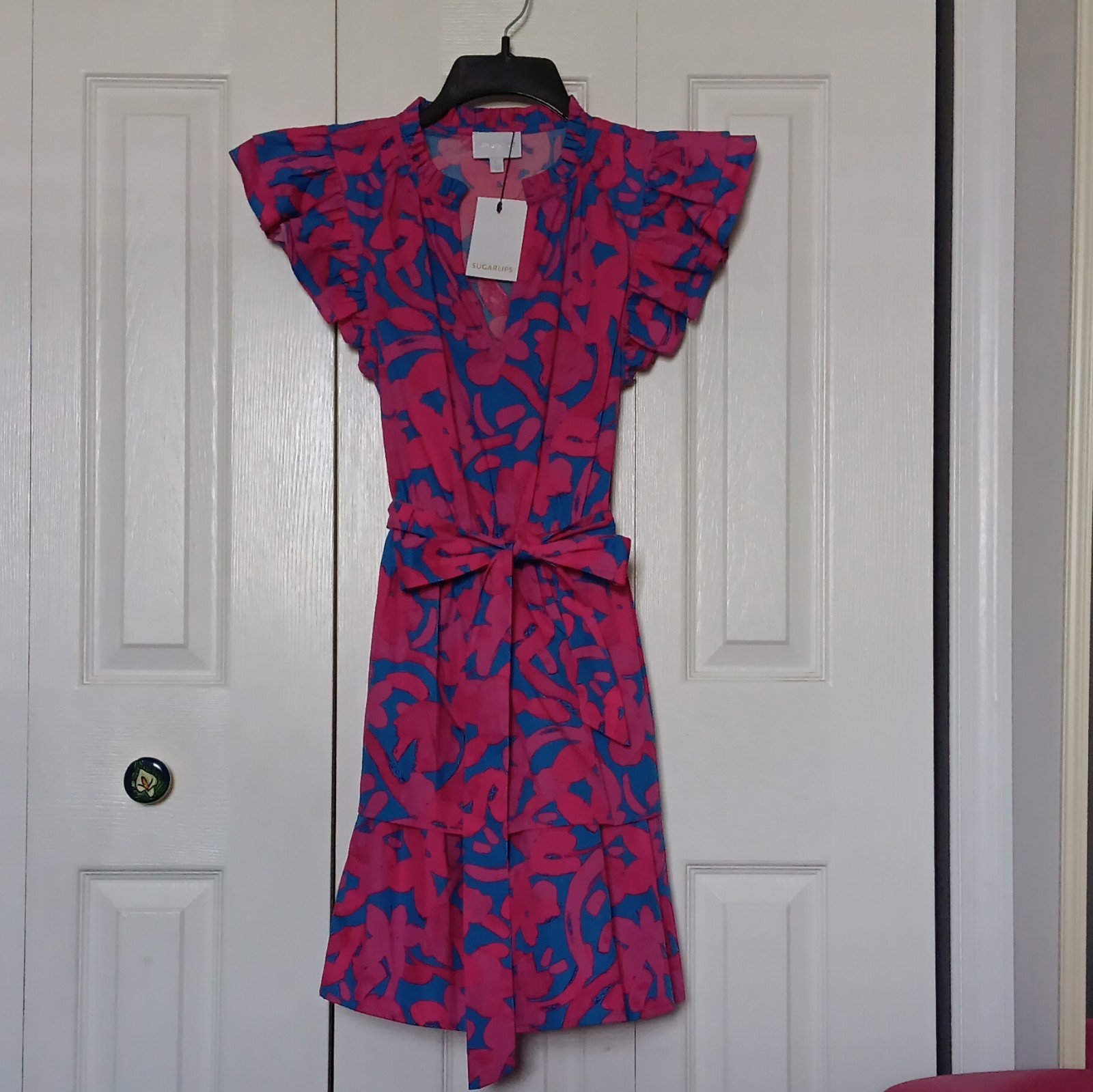 Sugar Lips Women Fit Flare Mini Floral V-Neck Short Sleeve Cotton Dress Size XS