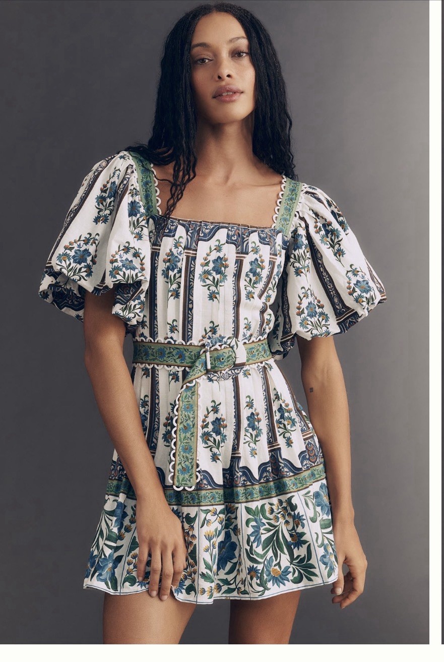 Farm Rio XS White Blue Green Floral Mini Dress Square Neck Puff Sleeve Belt