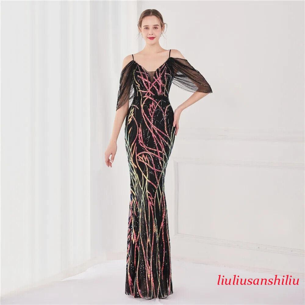 Women’s Wedding Elegant Beading Evening Green Sequin Strap Maxi Long Prom Dress