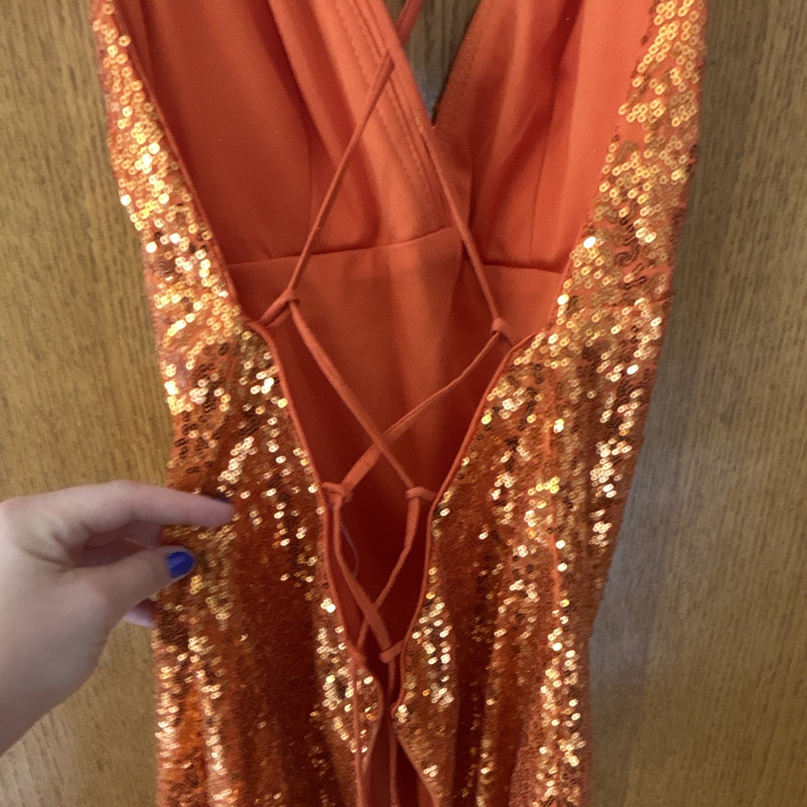 Orange Sequin V-Neck Lace-Up Open Back Mini Slip Dress Women’s Size 9