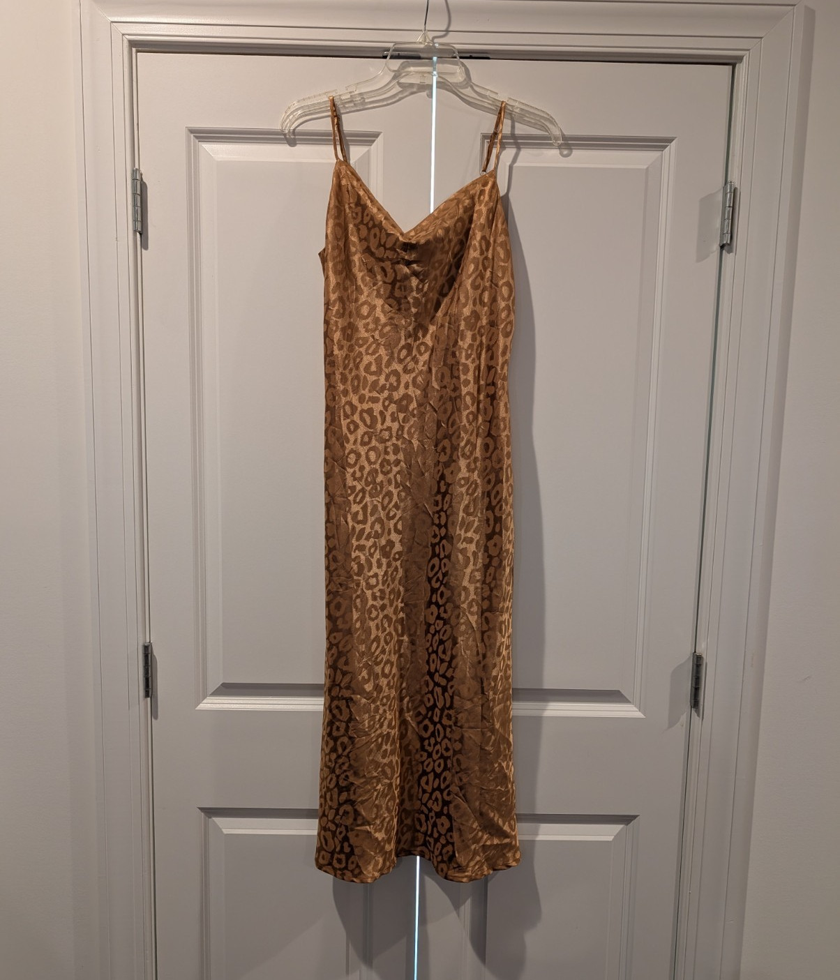 J.O.A Satin Leopard Animal Print Cowl Neck Sleeveless Gown, Size S