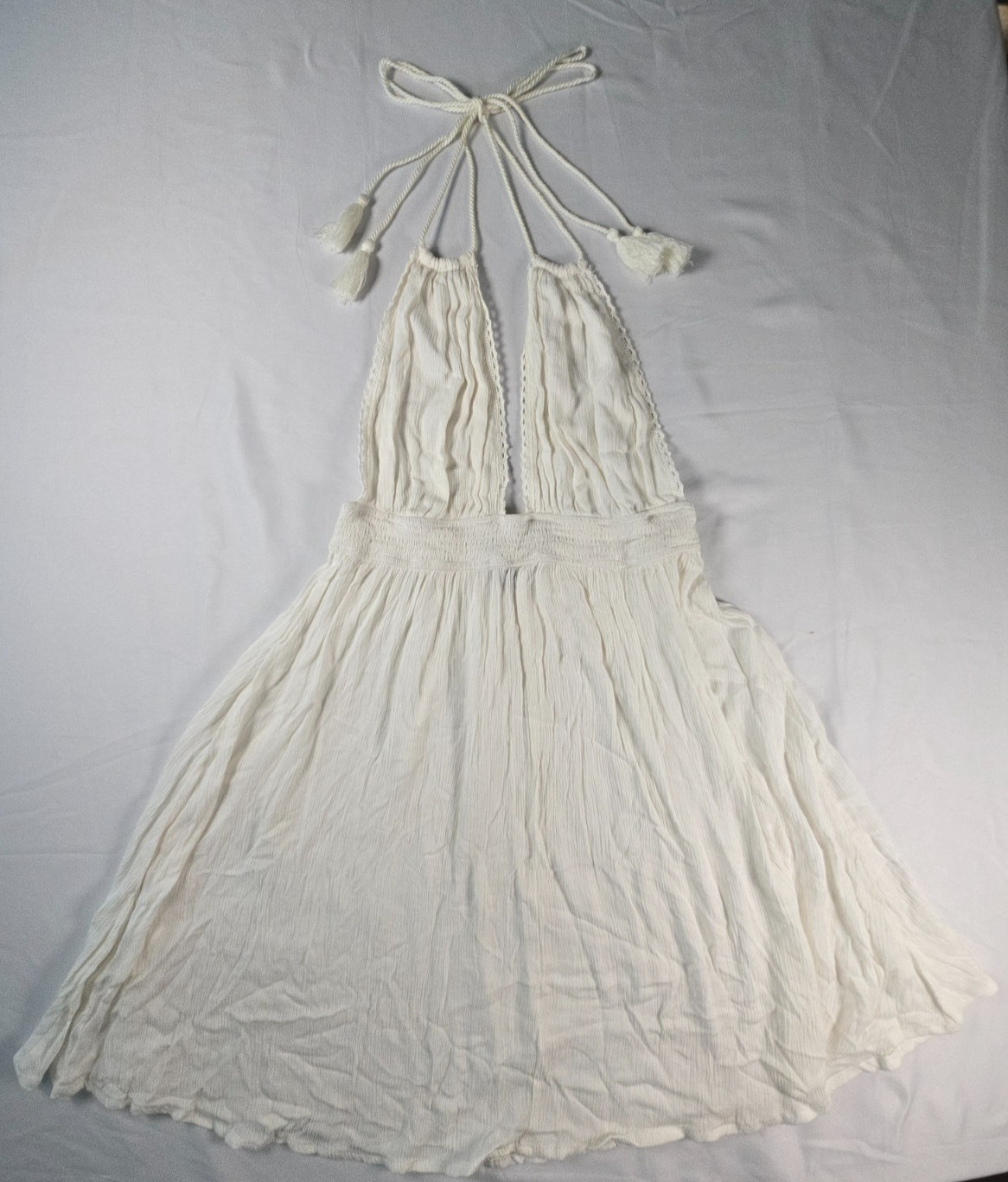 Ivory Boho Halter Mini Dress Size L Crochet Tassel Tie Crinkle Gauze Festival