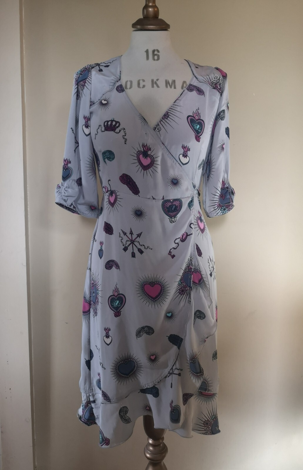Stardust Flamenco sacred hearts dress Uk XS Grey w Hearts arrows locks Feathers