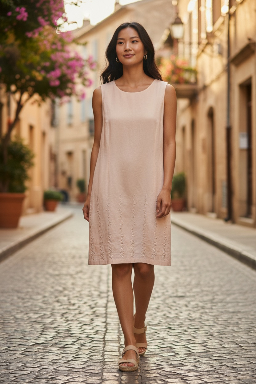 Bicé by Sag Harbor Sleeveless Linen-Blend Sheath Dress with Floral Embroidery