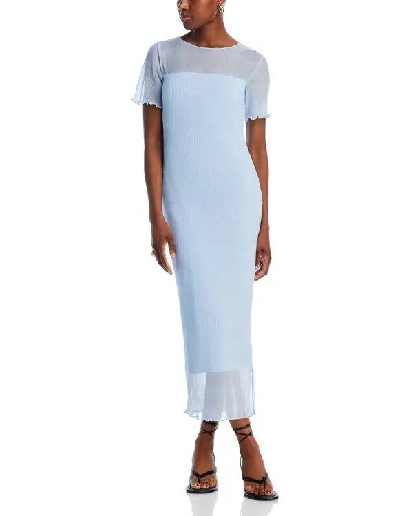 French Connection Saskia Ruched Blue Mesh Sheer Maxi Dress XS Crew Neck Zip