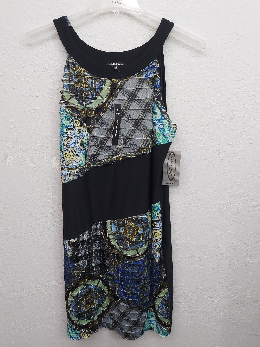 Samuel Dong Dress Womens XL Black Green Geometric Print Halter Sleeveless Sheath