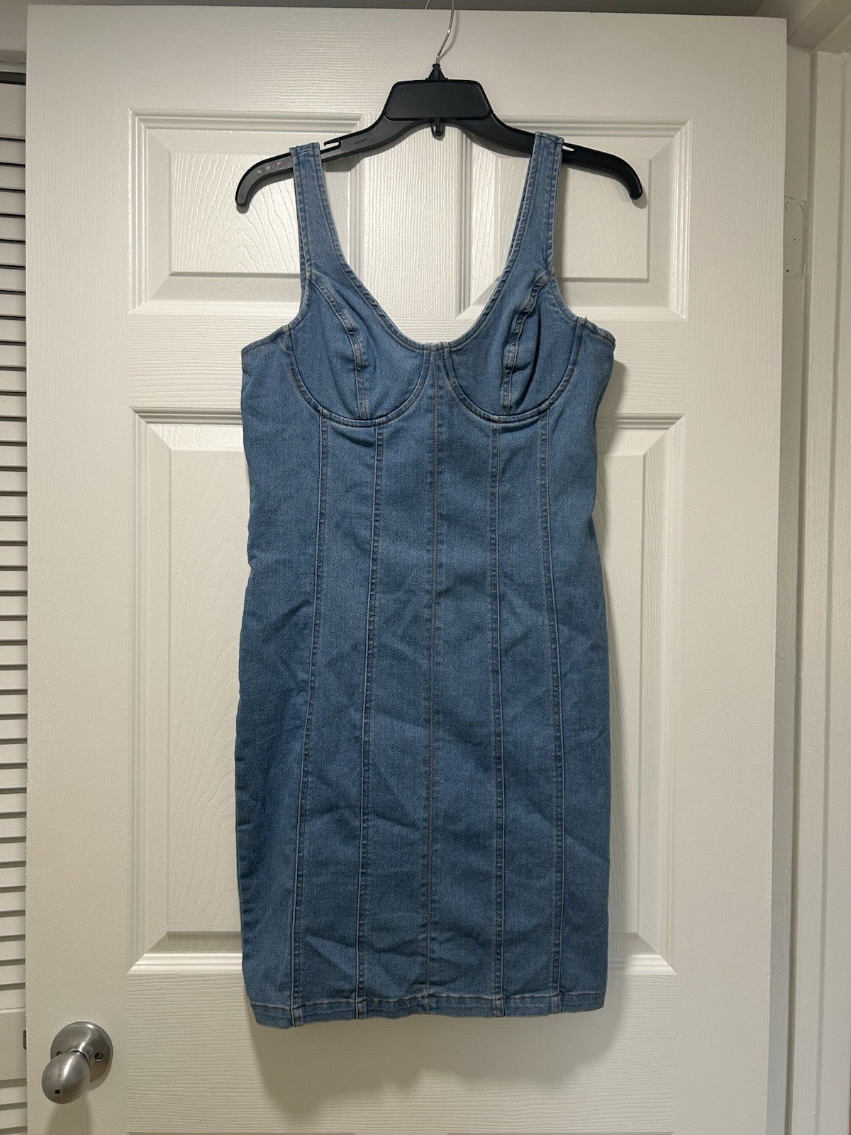 Blashe, bodycon denim dress, blue, size L, zipper and slit at back, gently used