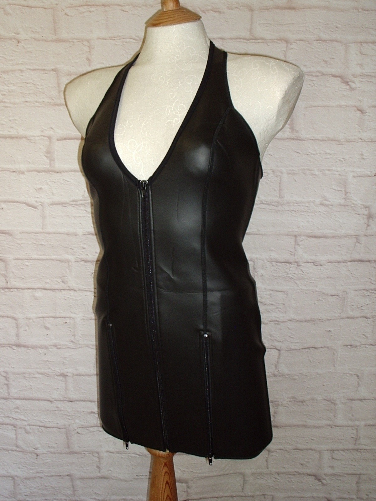SCUBA RUBBER NEOPRENE ZIP UP HALTER NECK MINI DRESS 10 TO 12 NEW