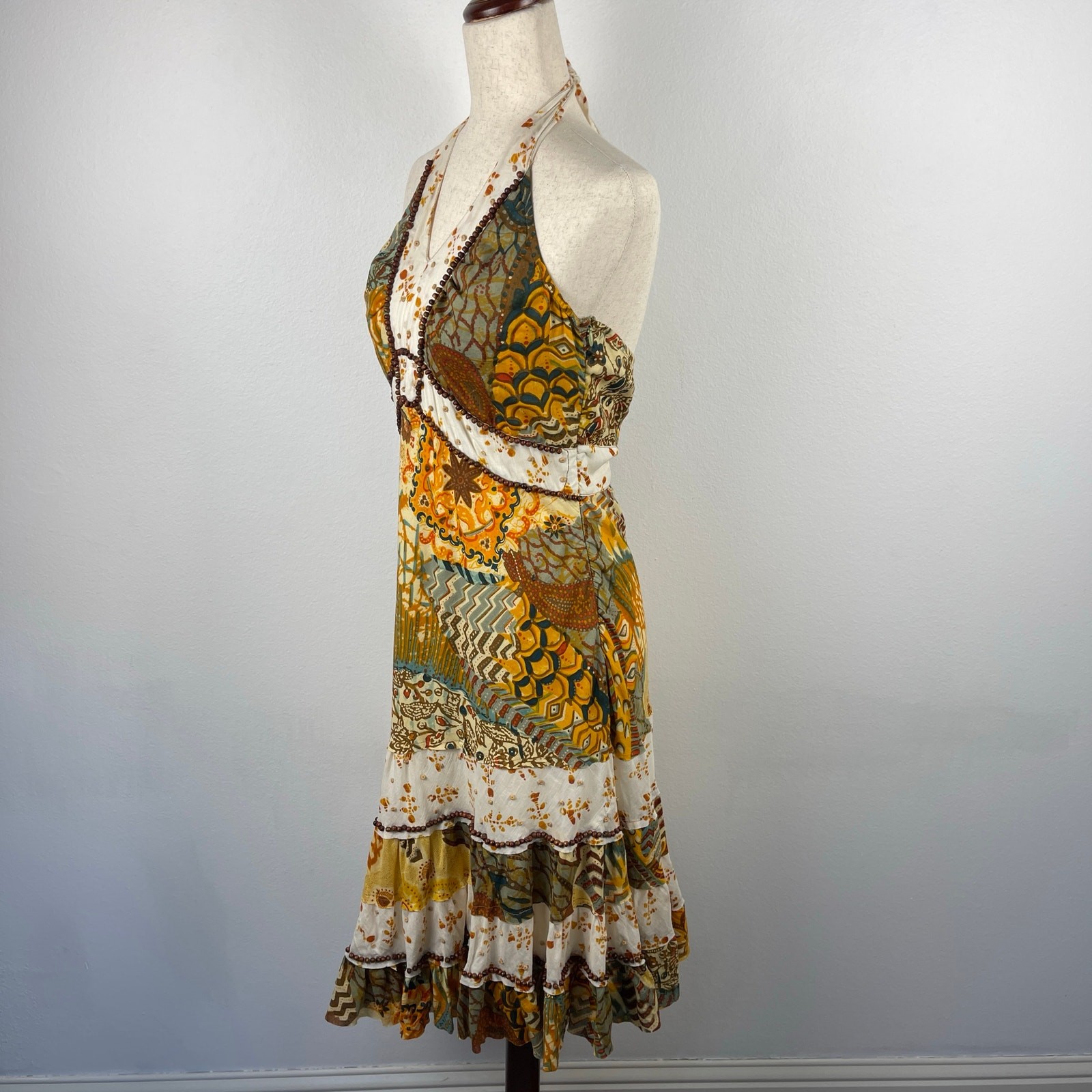 Alberto Makali Halter Cotton Brown Yellow Printed Beaded Boho Dress Women’s 8