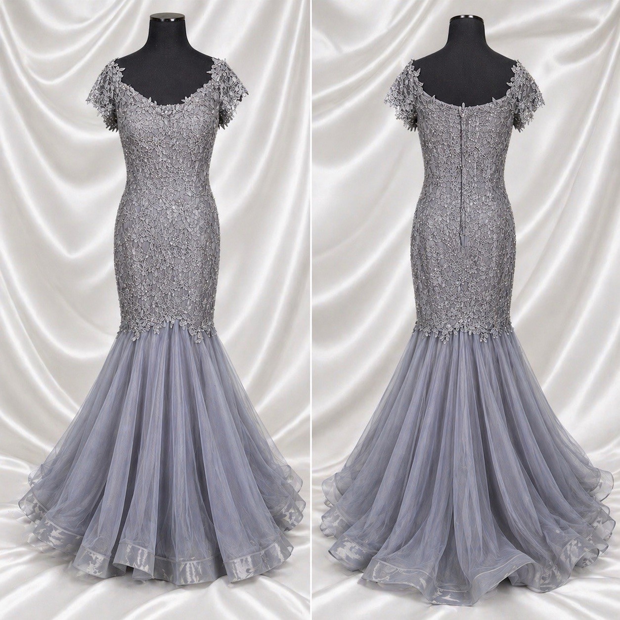 Madeline Gardner NY Lace Overlay Sequins Tulle Mermaid Gown Formal Sz 10 Gray