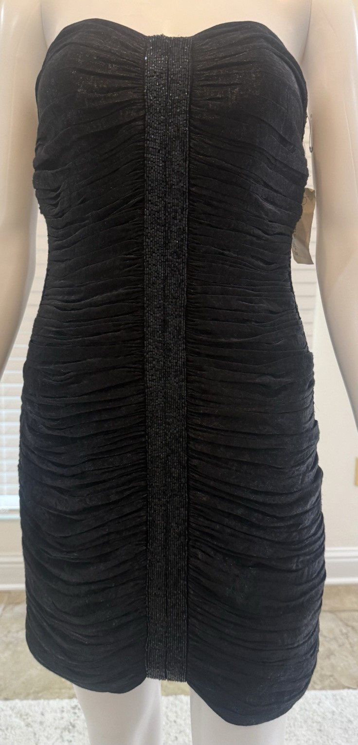 Laundry by Shelli Segal Black Satin Sweetheart Strapless Beaded Mini Dress Size2